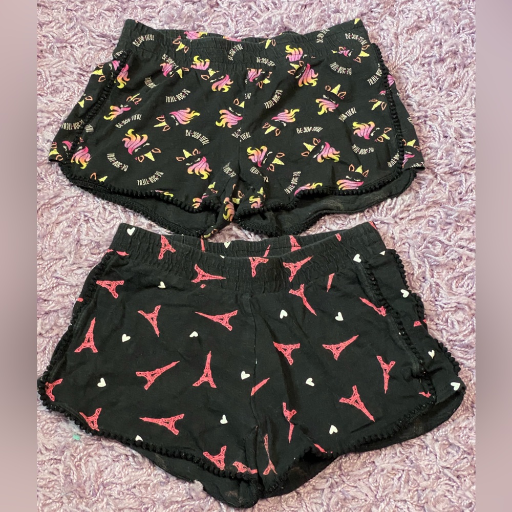 2 girls Justice shorts; rainbow unicorn & Eiffel Tower size 8